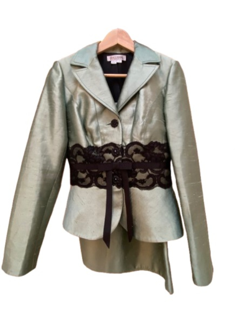 Vintage Kay Unger Silk 2-Pc Skirt Suit, Sage Green Lace Peplum Set